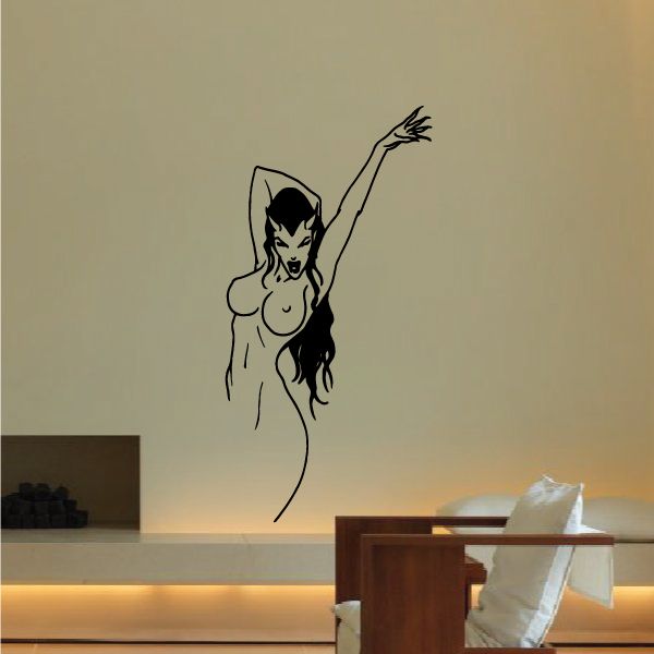 Devil girl wall decal with long hair, horns, and arms raised in black outline