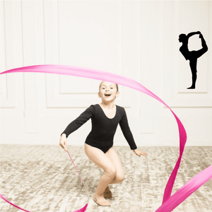 Workout stretching legs wall decal with pink swoosh and black silhouette of a dancer