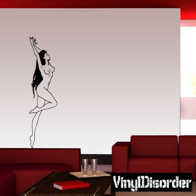 Stretching nude dancer vinyl decal with black line art silhouette