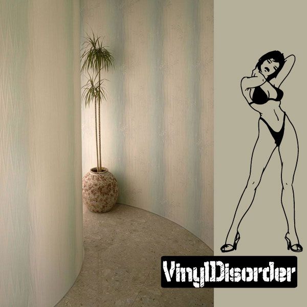 Stretching woman bikini and heels wall decal, black line art