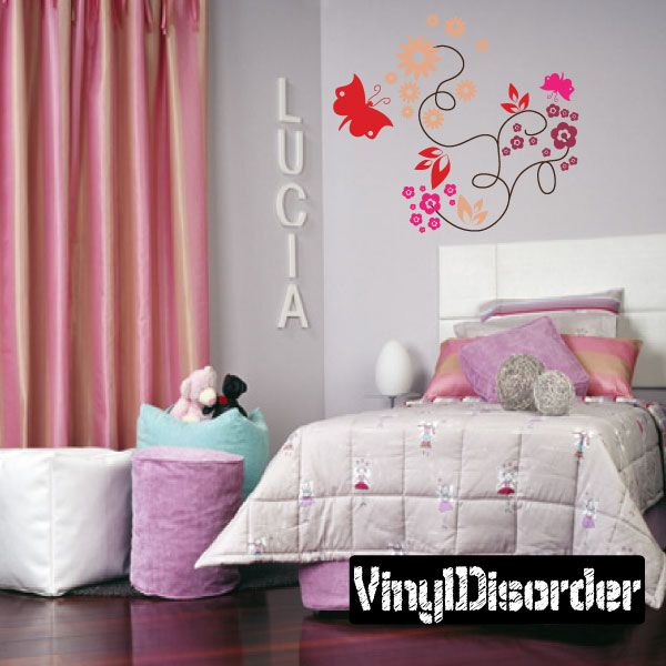 Butterfly and flower wall decal with red butterflies and multicolor blooms on vine branch