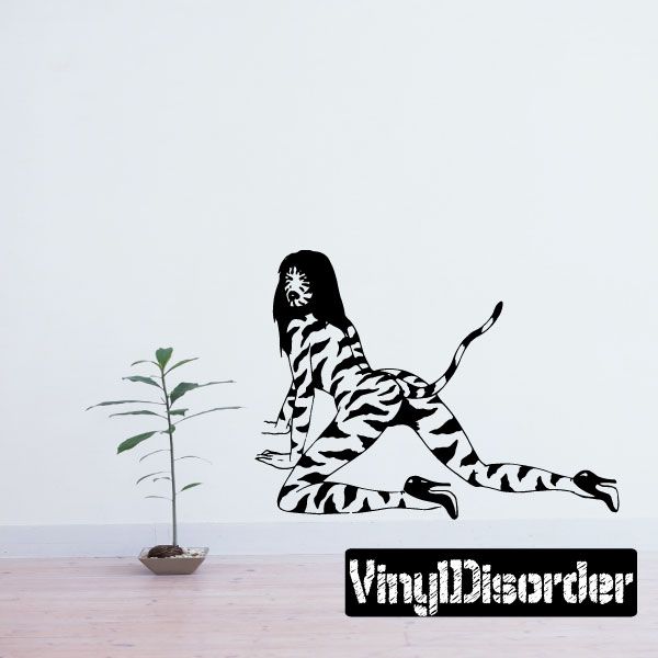 Crawling cat girl decal with black-and-white striped outfit and tail