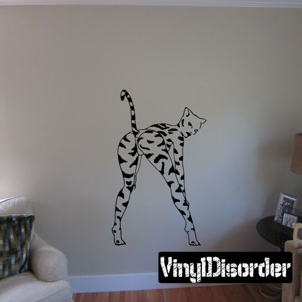 Striped cat girl decal, black and white standing cat-girl with tail