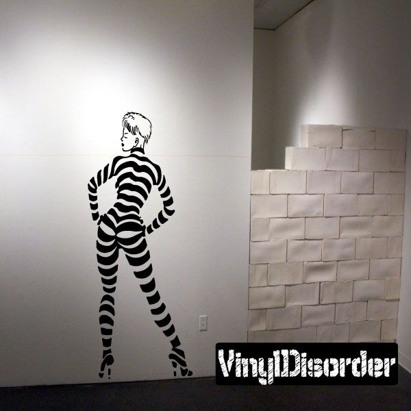 Striped dancer wall decal, black and white silhouette with striped dress.