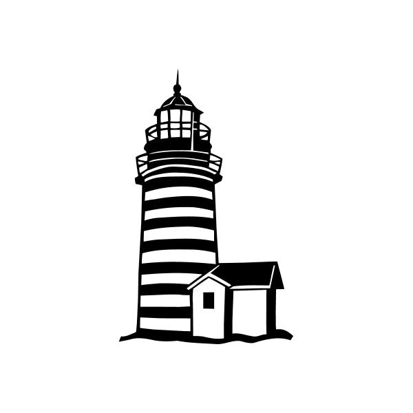 Striped lighthouse wall decal: black lighthouse with white horizontal stripes and small building