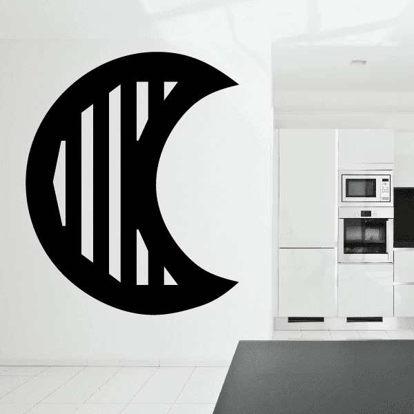 Waning crescent wall decal with vertical stripes, black and white.