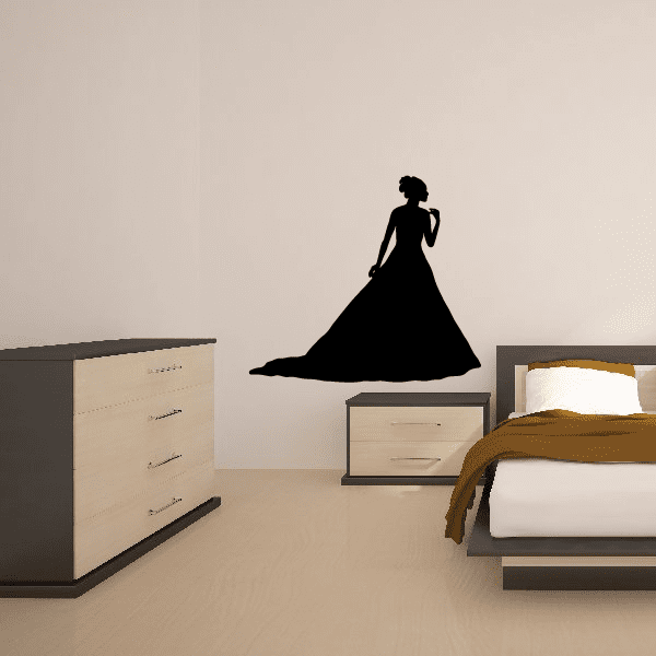 Strolling bride silhouette wall decal with flowing black dress