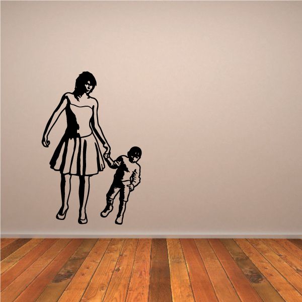 Mother and son wall decal, black silhouette of walking mother holding child hand