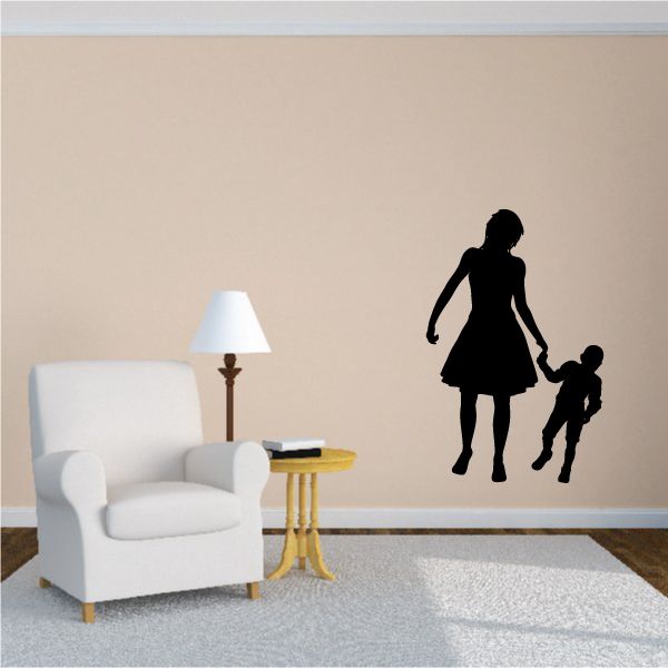 Mother and son walking silhouette wall decal, black figures with child holding hand