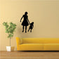 Mother and daughter silhouette wall decal holding hands and a small dog, black