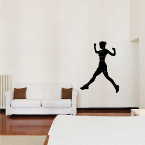 Strong running female wall decal, black silhouette of a woman jogging in motion