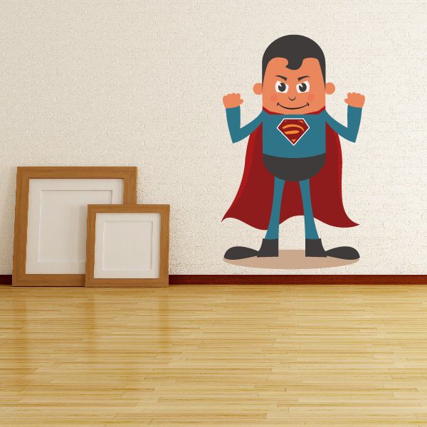 Superhero character sticker with red cape, blue suit, and yellow emblem on chest