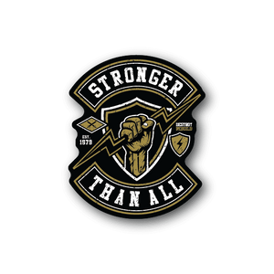 Stronger Than All vinyl sticker, circular badge with raised fist and bold lettering