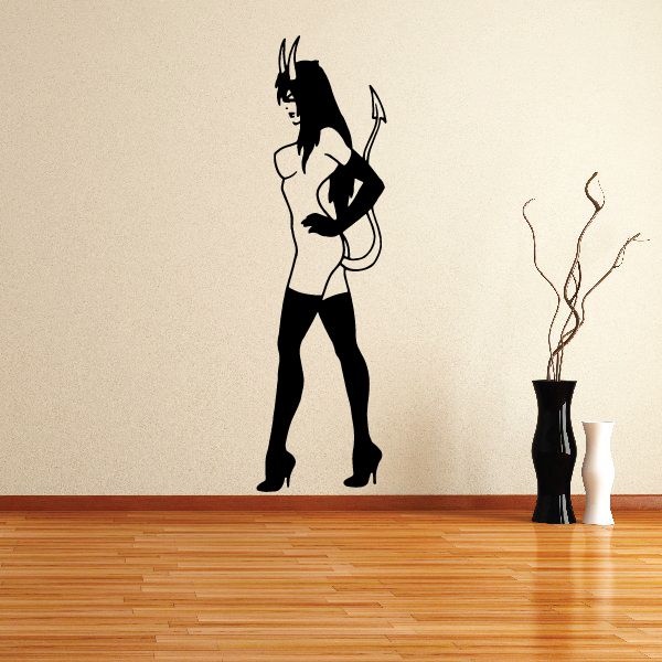 Black devil girl decal with horns and boots, full-body standing pose