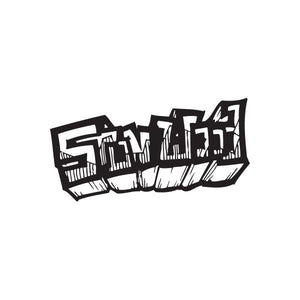 Graffiti decal with black and white street-style lettering