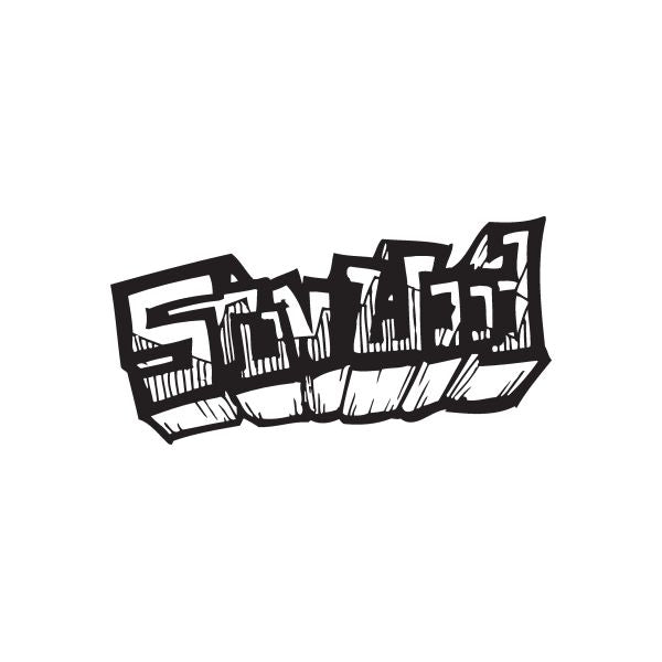 Graffiti decal with black and white street-style lettering
