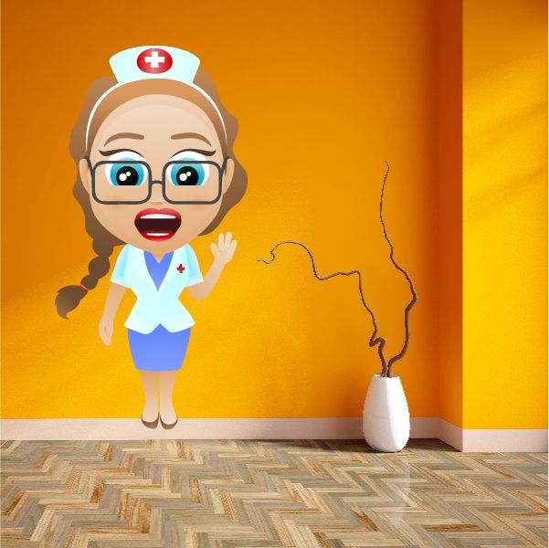 Cartoon nurse sticker with white cap, blue scrubs, glasses, and red cross emblem