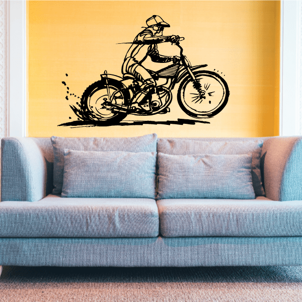 Stylized dirt bike rider wall decal, black graphic of a motocross rider and bike