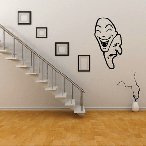 Comedy and tragedy masks wall decal, black and white line art