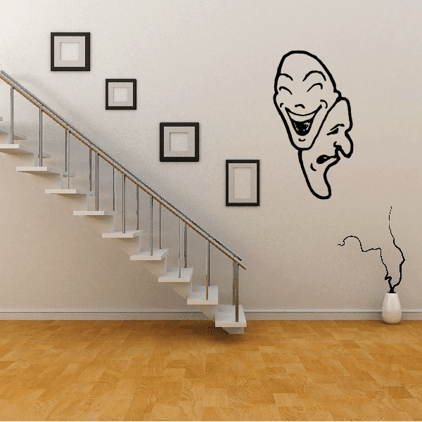 Comedy and tragedy masks wall decal, black and white line art