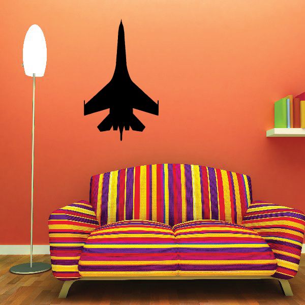 Black Su-27 jet silhouette wall decal above a striped sofa