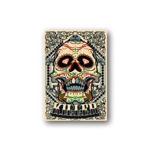 Colorful sugar skull vinyl sticker with ornate border and bold lettering