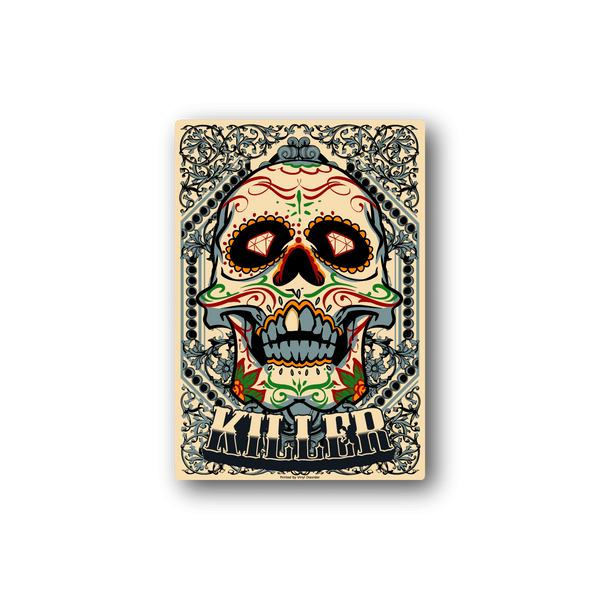 Colorful sugar skull vinyl sticker with ornate border and bold lettering