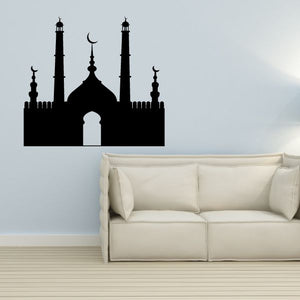 Mosque silhouette wall decal with minarets, dome, and arches