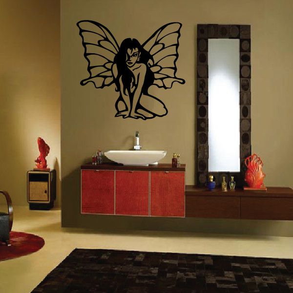 Butterfly fairy wall decal with black winged silhouette and whimsical figure.