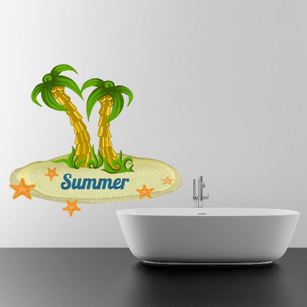 Summer wall decal: two green palm trees, “Summer” text and orange stars on surfboard