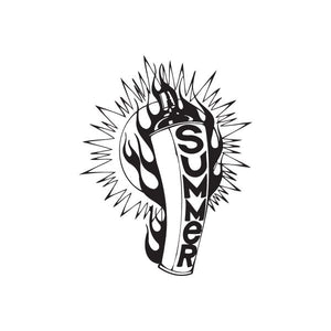 Black and white spray paint can decal with flames and vertical “SUMMER” text