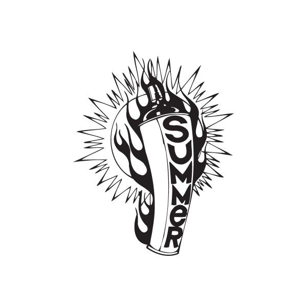 Black and white spray paint can decal with flames and vertical “SUMMER” text