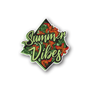 Vinyl sticker: 'Summer Vibes' script with colorful flowers, green border