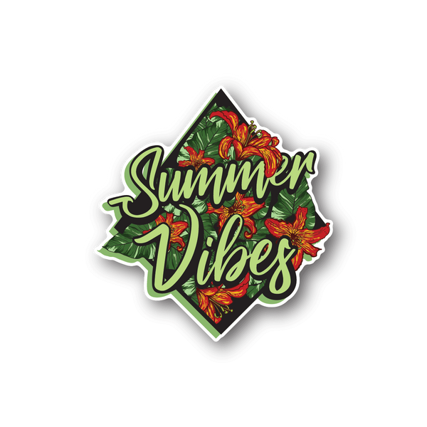 Vinyl sticker: 'Summer Vibes' script with colorful flowers, green border