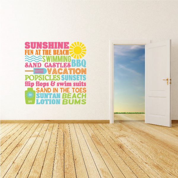 Summer word collage wall decal with colorful beach lettering