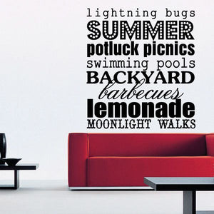 Summer word collage wall decal with black and red text, includes “SUMMER” and “BACKYARD”.