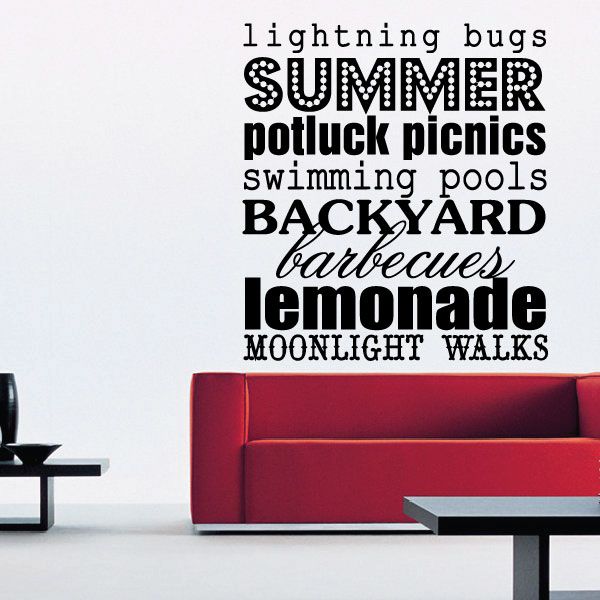 Summer word collage wall decal with black and red text, includes “SUMMER” and “BACKYARD”.