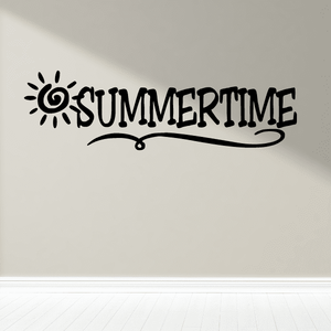 Summertime decal with sunburst icon and black lettering on light surface