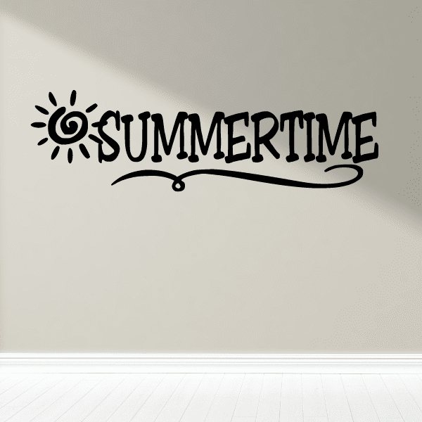 Summertime decal with sunburst icon and black lettering on light surface