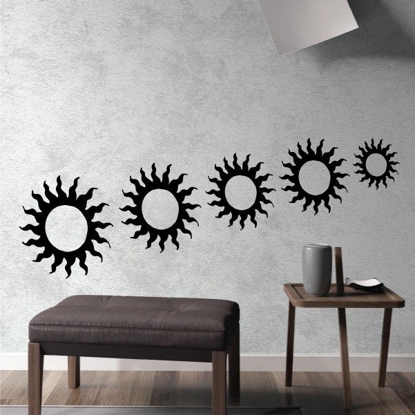 Sunburst sun flares wall decal set with five black sun icons