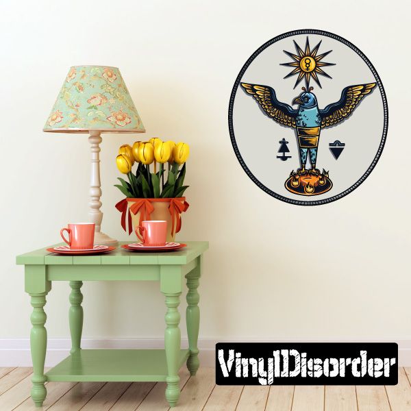 Circular Sun God printed decal with winged figure and rays, black border