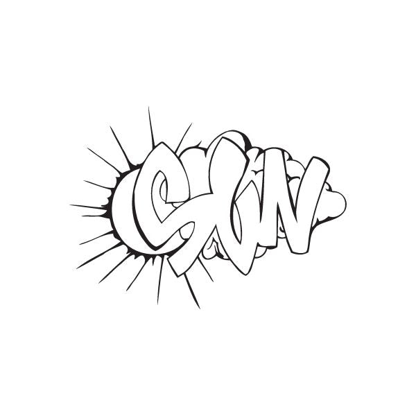 Sun graffiti decal with bold white outlined letters and starburst lines