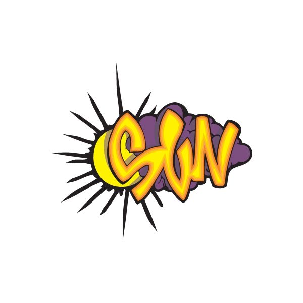 Graffiti-style sun printed decal with bold yellow lettering on dark outline