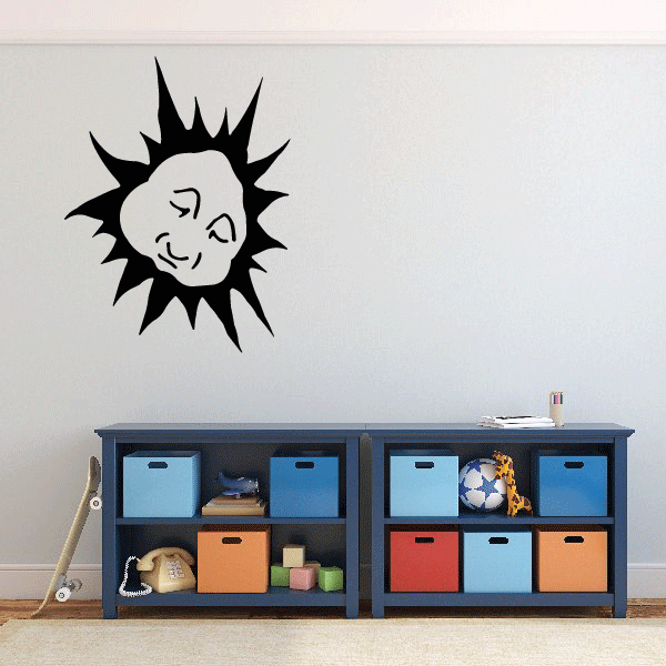 Black sun sleeping wall decal with closed eyes and sleepy face