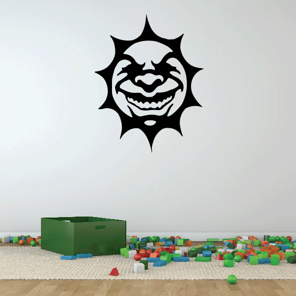 Vinyl wall decal: black sun with a smiling face, circular rays around the grin