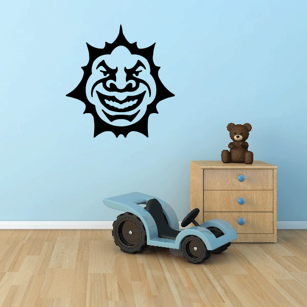 Smiling sun face vinyl wall decal, black cartoon style with bold outline