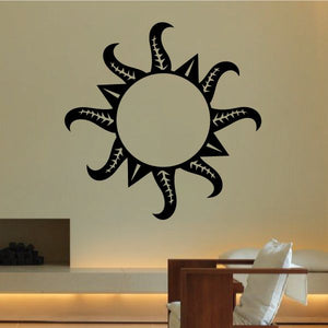 Tribal sun wall decal, black spiked sun with crescent rays, vinyl sticker.