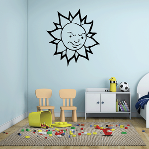 Smiling sun face vinyl wall decal, black outline with light features