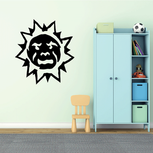 Black sun face vinyl wall decal with spiky rays, sticker for indoor walls