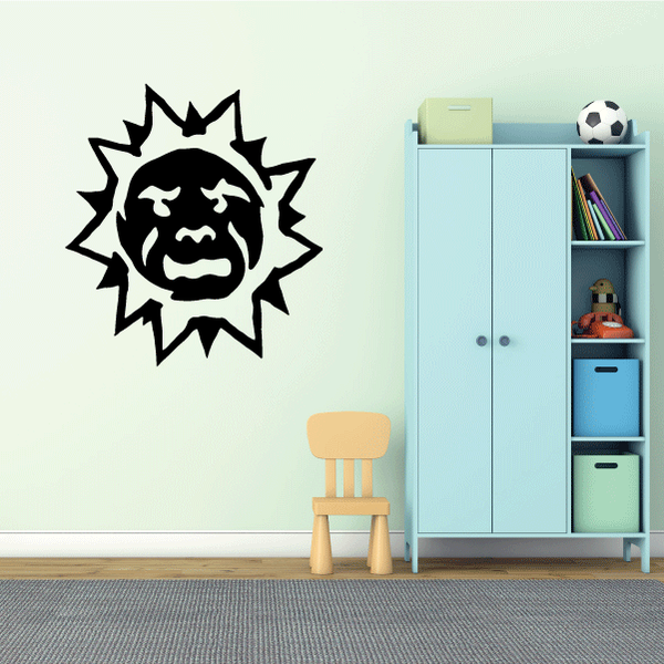 Black sun face vinyl wall decal with spiky rays, sticker for indoor walls